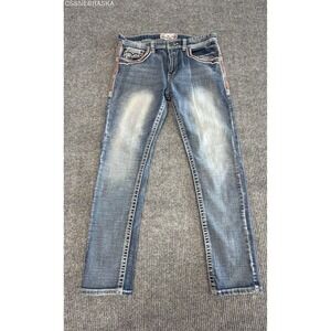 Monarchy Collection Men's Aztec Embroidered Side Stripe Jeans Blue Wash Size 34